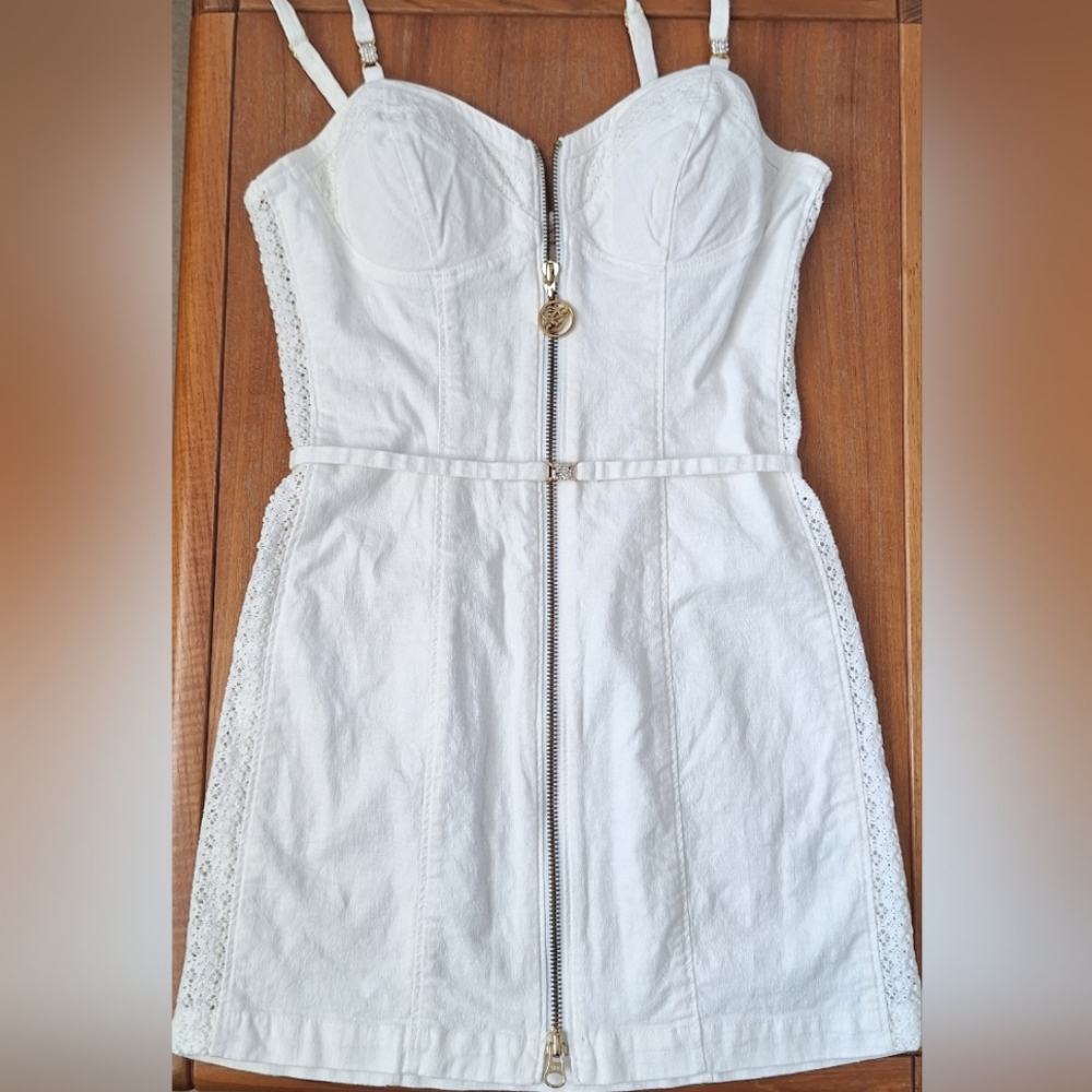 Guess Zip Front Linen Corset Dress Rhinestones White Coquette Y2K Womens XS